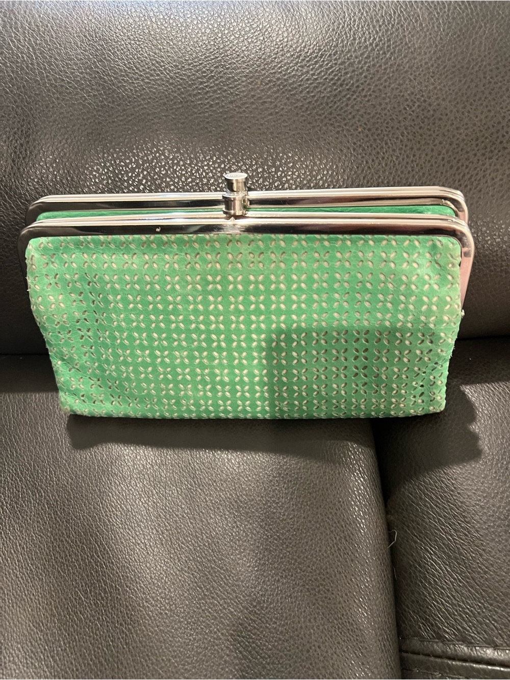 HOBO  Green Exterior Wallet with Pastel Polka Dot Lining
